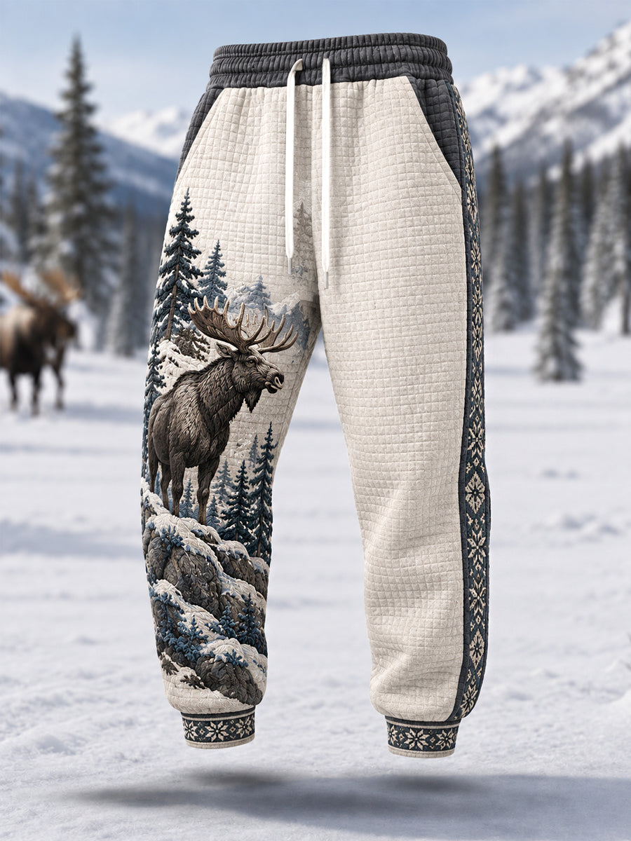 Men's Winter Moose Print Casual Waffle Pants