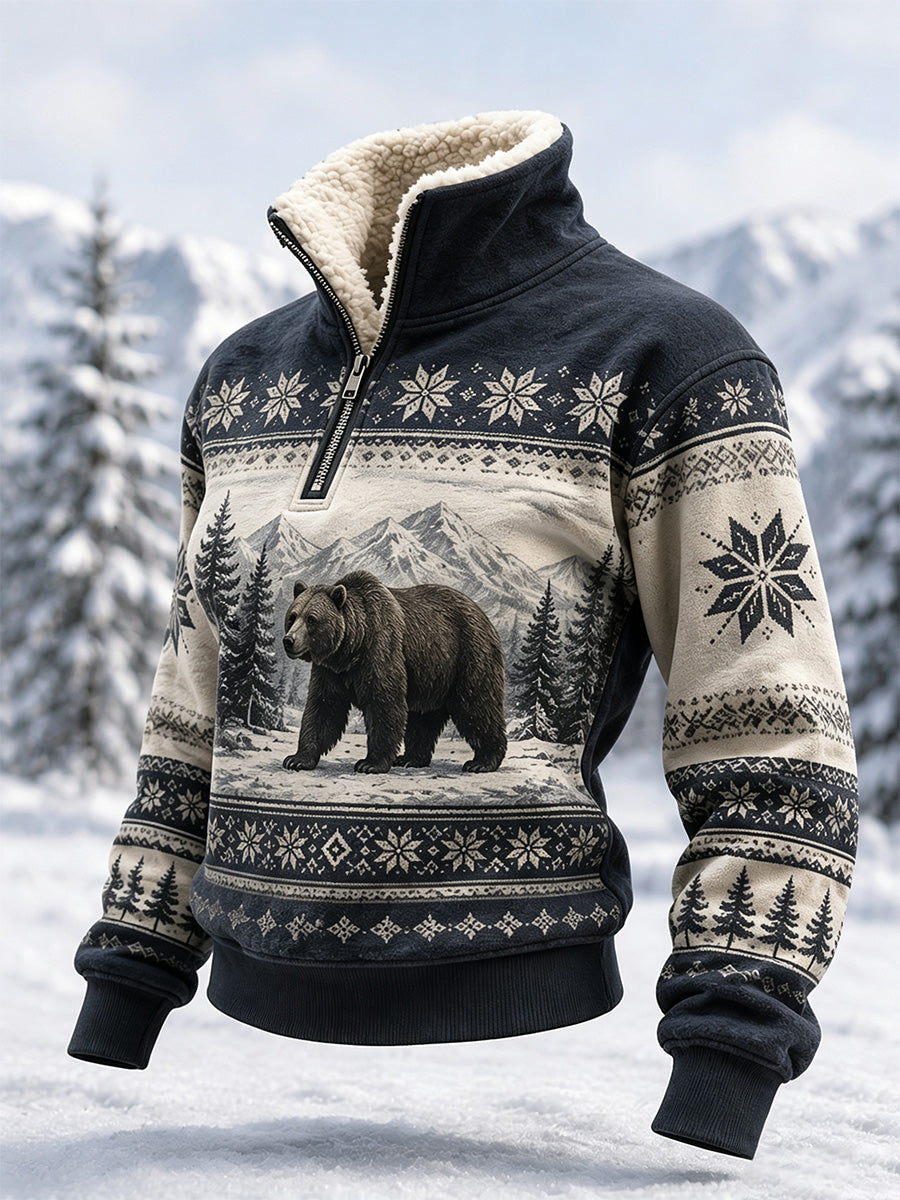 Women's Winter Snow Bear Print Casual Fur Collar Top