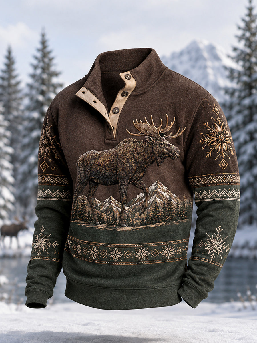 Men's Winter Moose Print Casual Buttons Pullover
