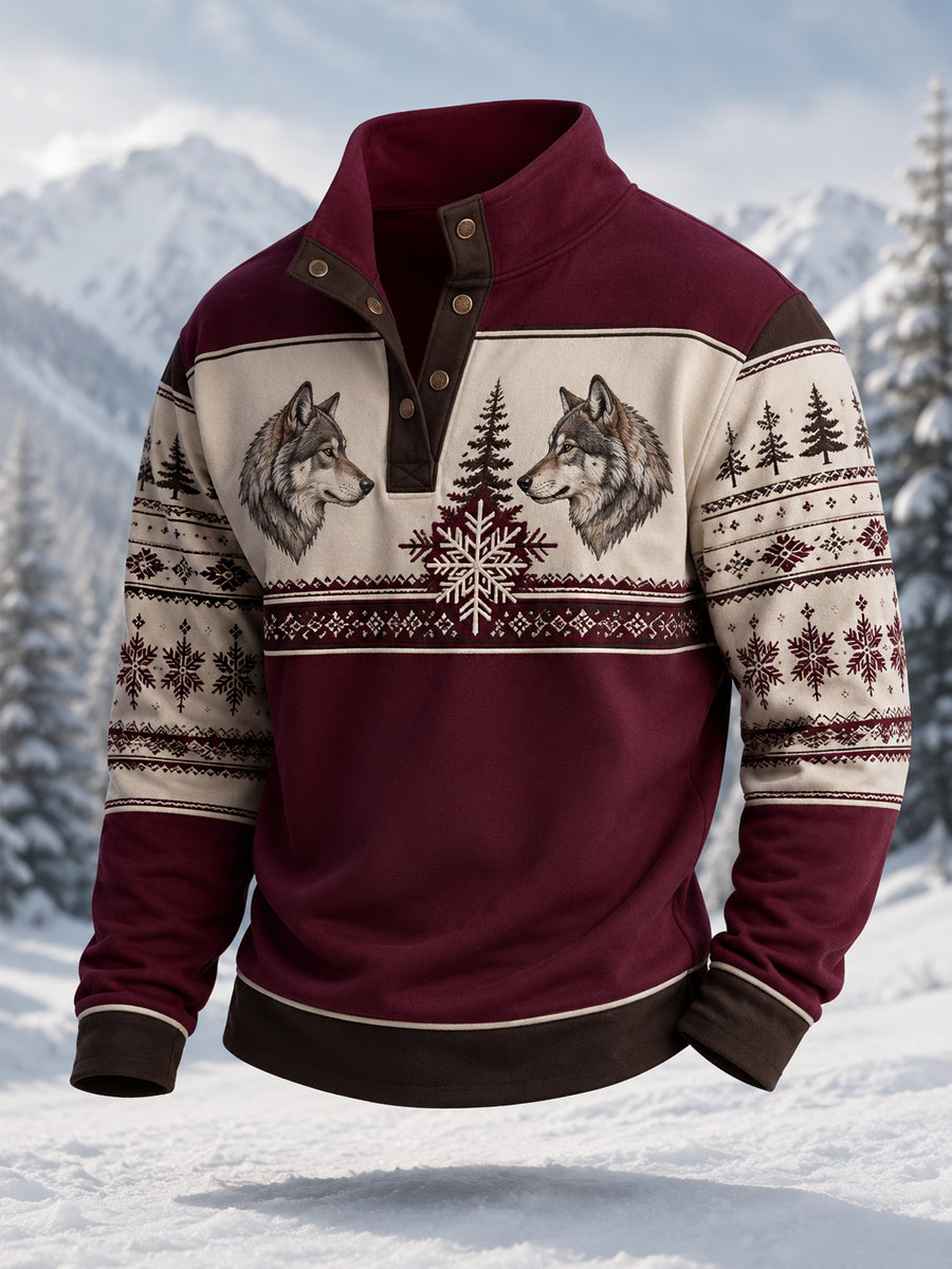 Men's Winter Wolf Print Casual Pullover