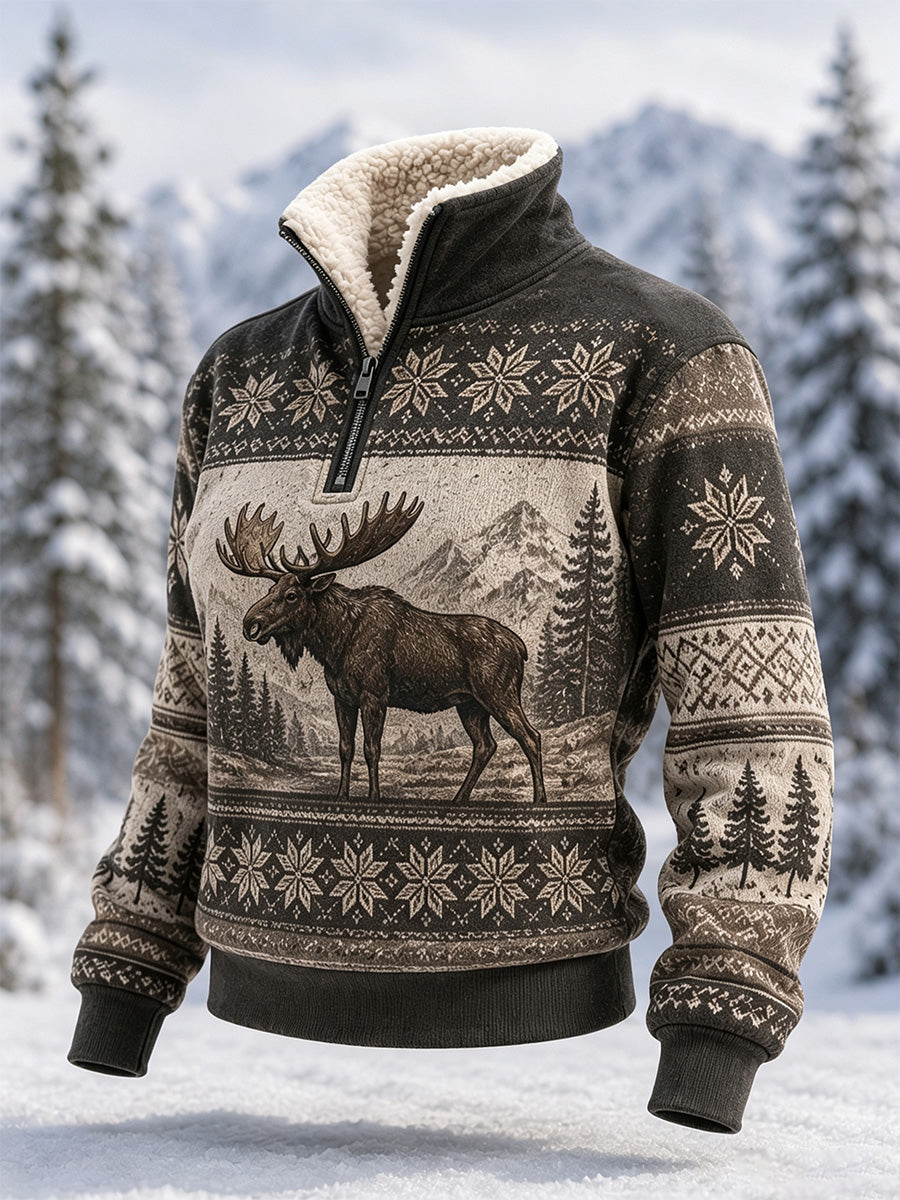 Women's Winter Moose Print Casual Fur Collar Top