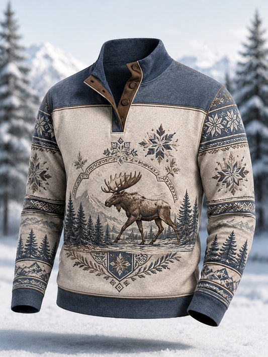 Men's Winter Moose Print Casual Buttons Pullover