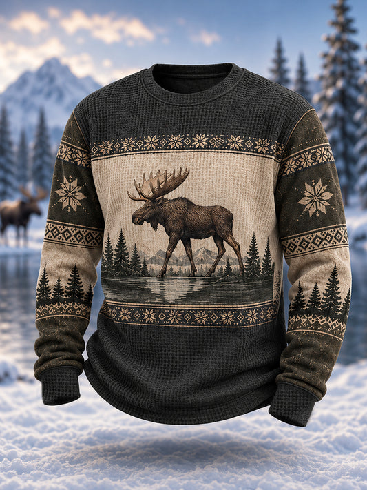 Men's Winter Moose Print Casual Waffle Sweatshirt
