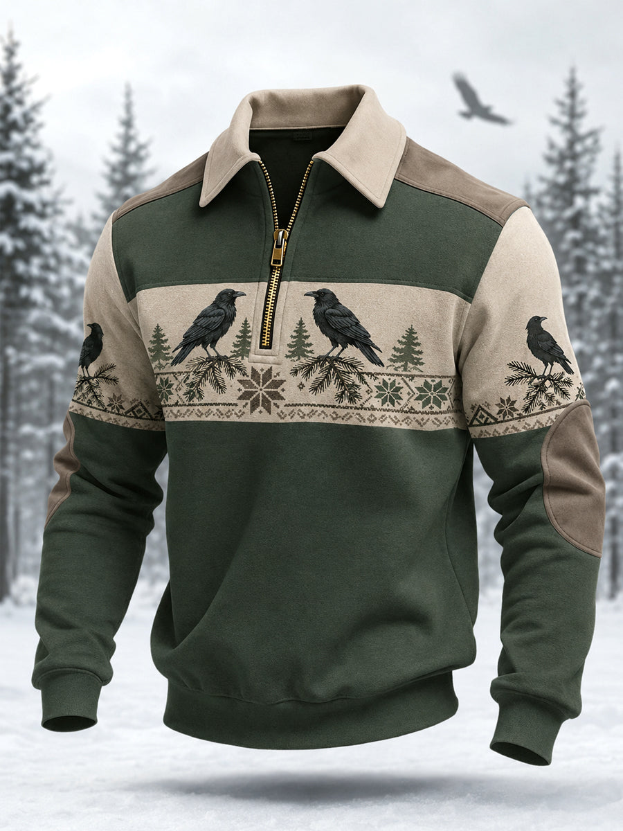 Men's Raven Print Casual Zipper Pullover
