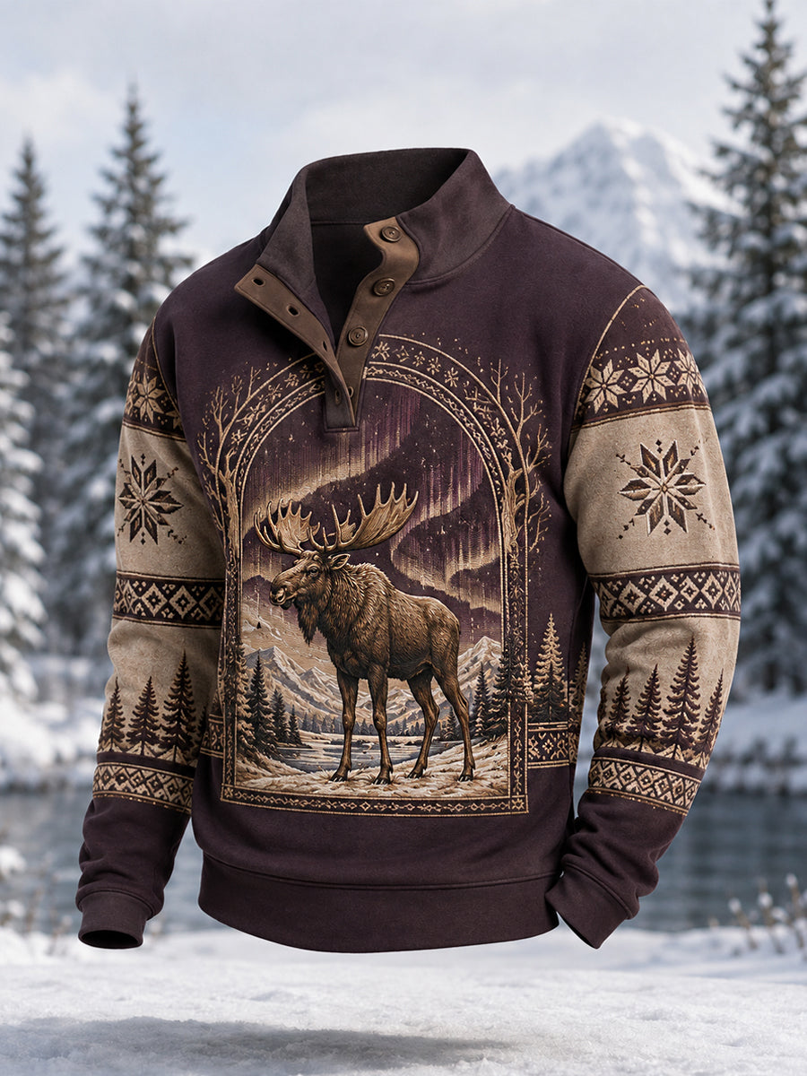Men's Winter Moose Print Casual Buttons Pullover