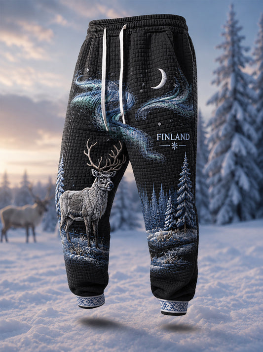 Men‘s Nordic Reindeer Heritage Print Casual Waffle Pants