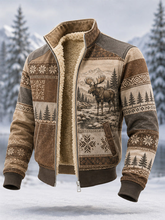 Men's Winter Moose Print Casual Composite Fleece Jacket