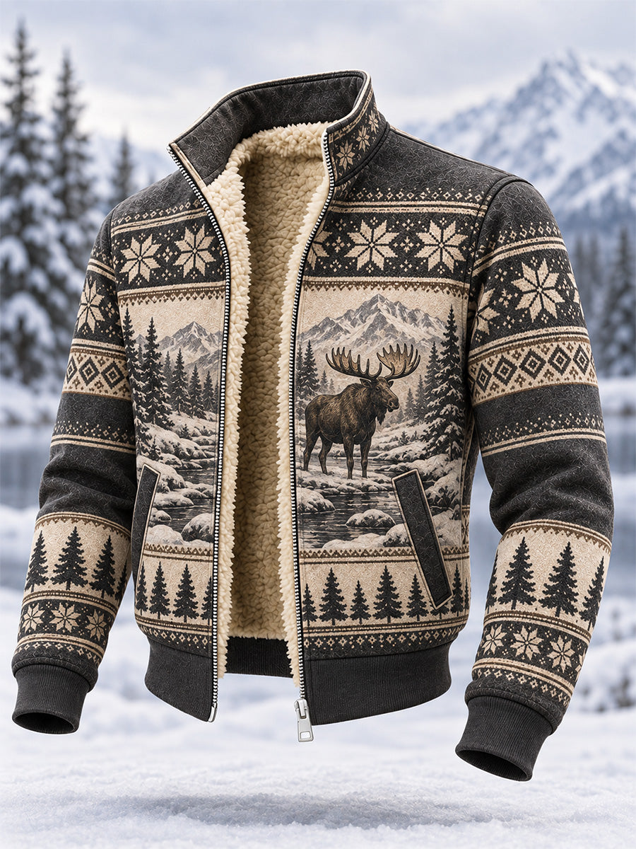 Men's Winter Moose Print Casual Composite Fleece Jacket