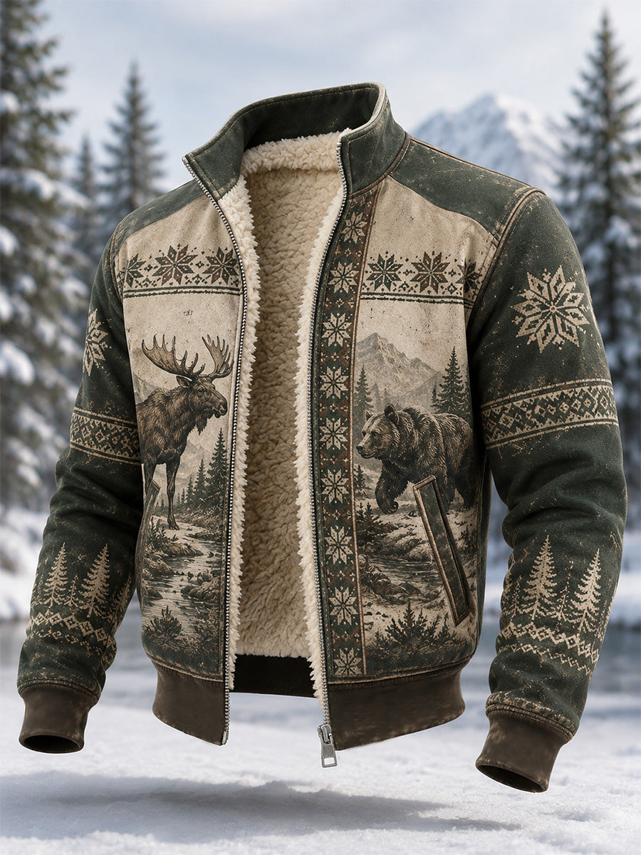 Men's Winter Moose & Snow Bear Print Casual Composite Fleece Jacket