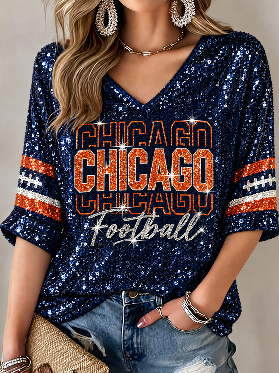 Women's Football Gameday Gift For Football Fans Mid-length Sleeves V-Neck T-Shirt