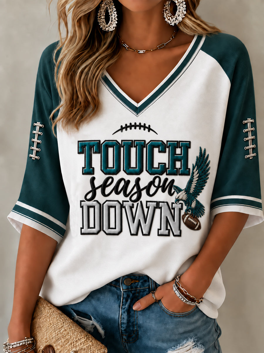Women's Football Gameday Gift For Football Fans Mid-length Sleeves V-Neck T-Shirt