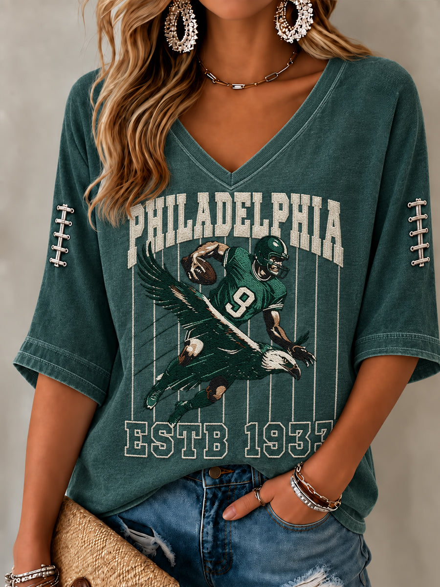Women's Football Gameday Gift For Football Fans Mid-length Sleeves V-Neck T-Shirt