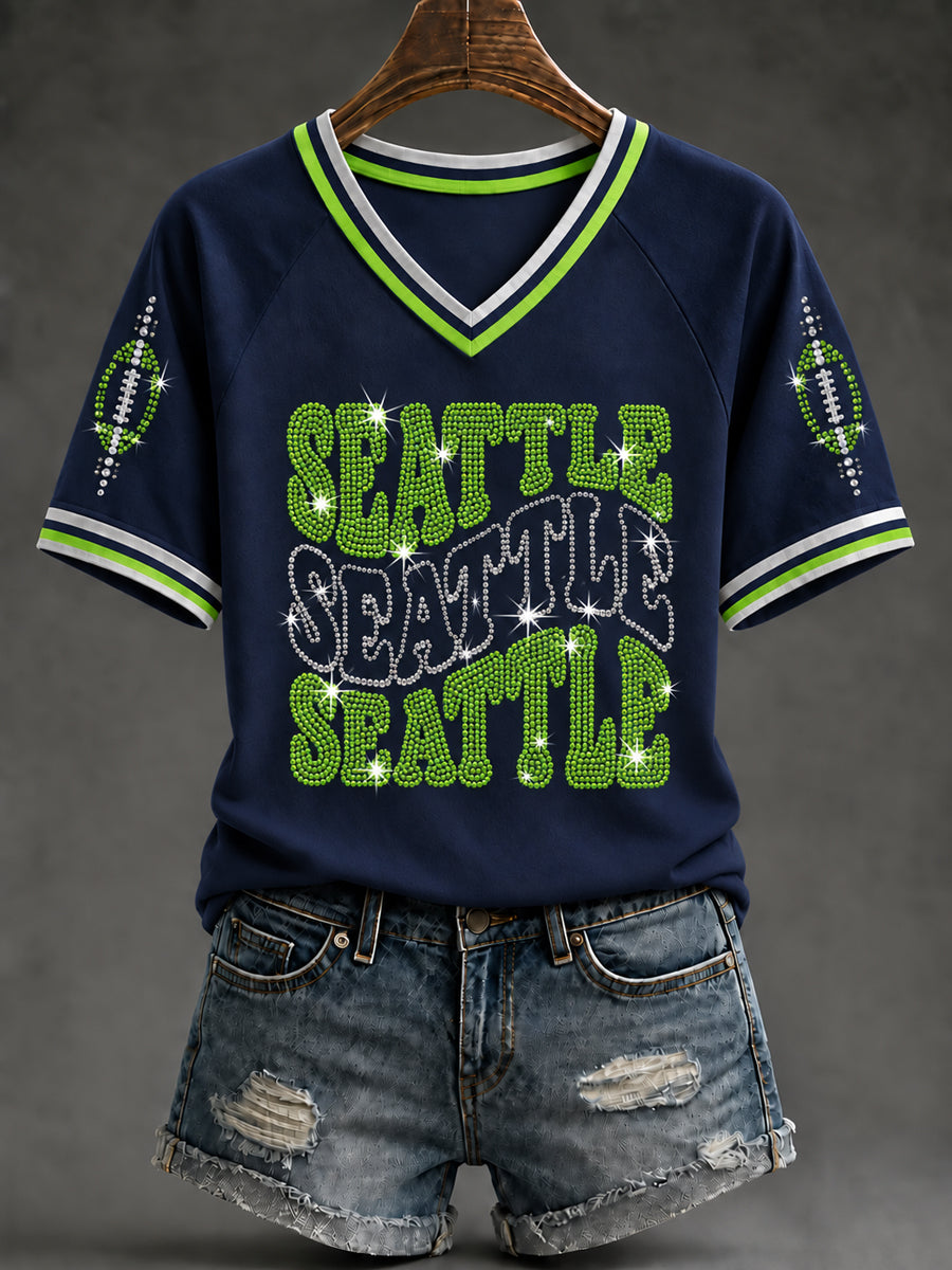 Women's Seattle Football Gameday Gift For Football Fans V-Neck Short Sleeve T-shirt
