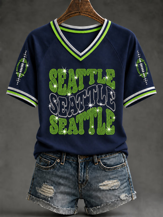 Women's Seattle Football Gameday Gift For Football Fans V-Neck Short Sleeve T-shirt