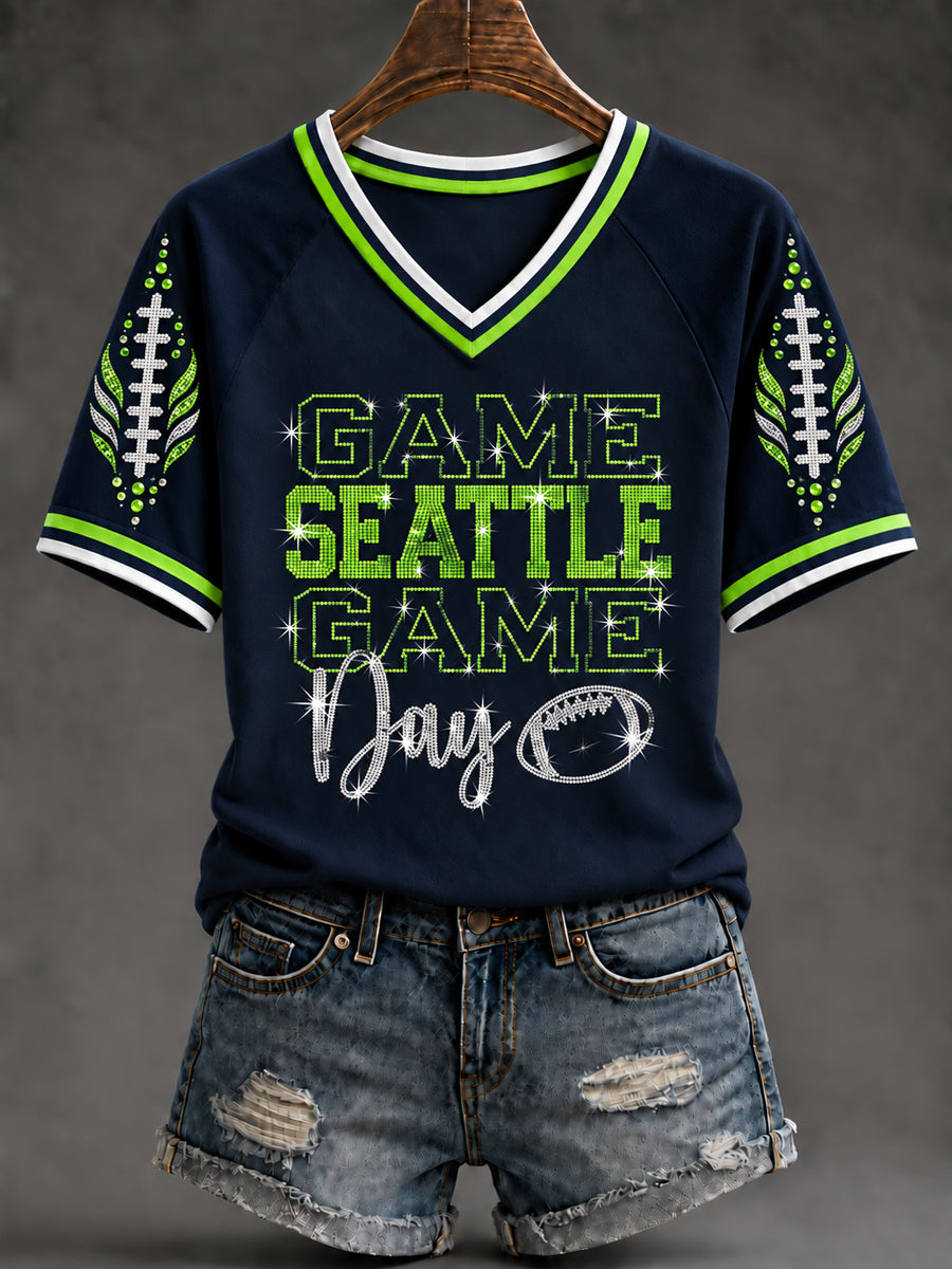 Women's Seattle Football Gameday Gift For Football Fans V-Neck Short Sleeve T-shirt