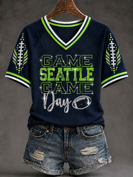 Women's Seattle Football Gameday Gift For Football Fans V-Neck Short Sleeve T-shirt