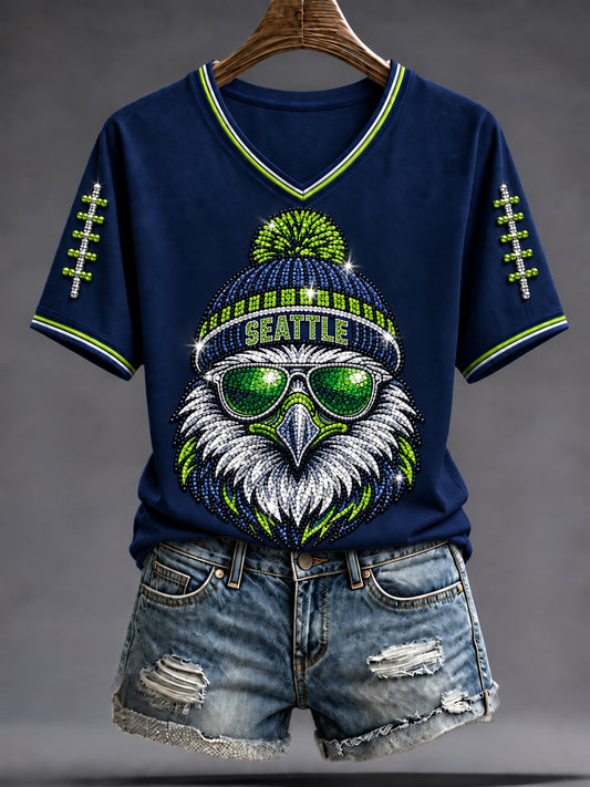 Women's Seattle Football Gameday Gift For Football Fans V-Neck Short Sleeve T-shirt