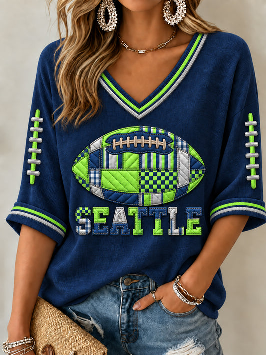 Women's Seattle Football Gameday Gift For Football Fans Mid-length Sleeves V-Neck T-Shirt