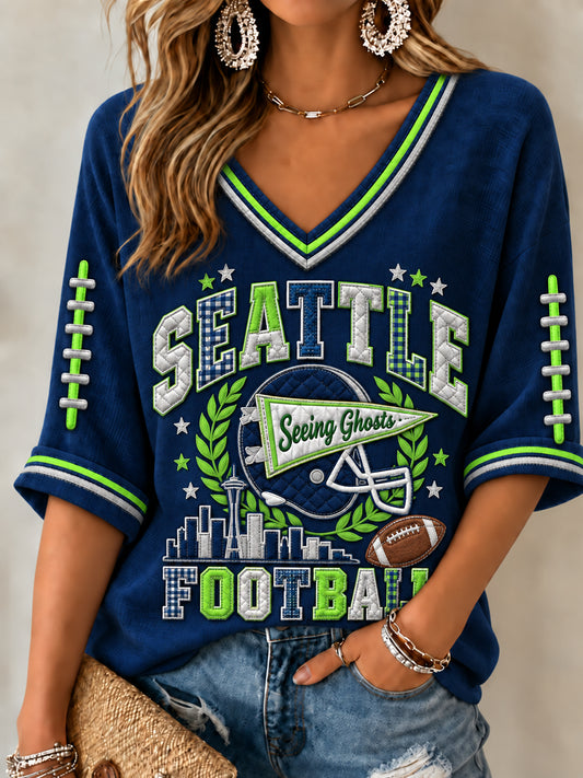 Women's Seattle Football Gameday Gift For Football Fans Mid-length Sleeves V-Neck T-Shirt