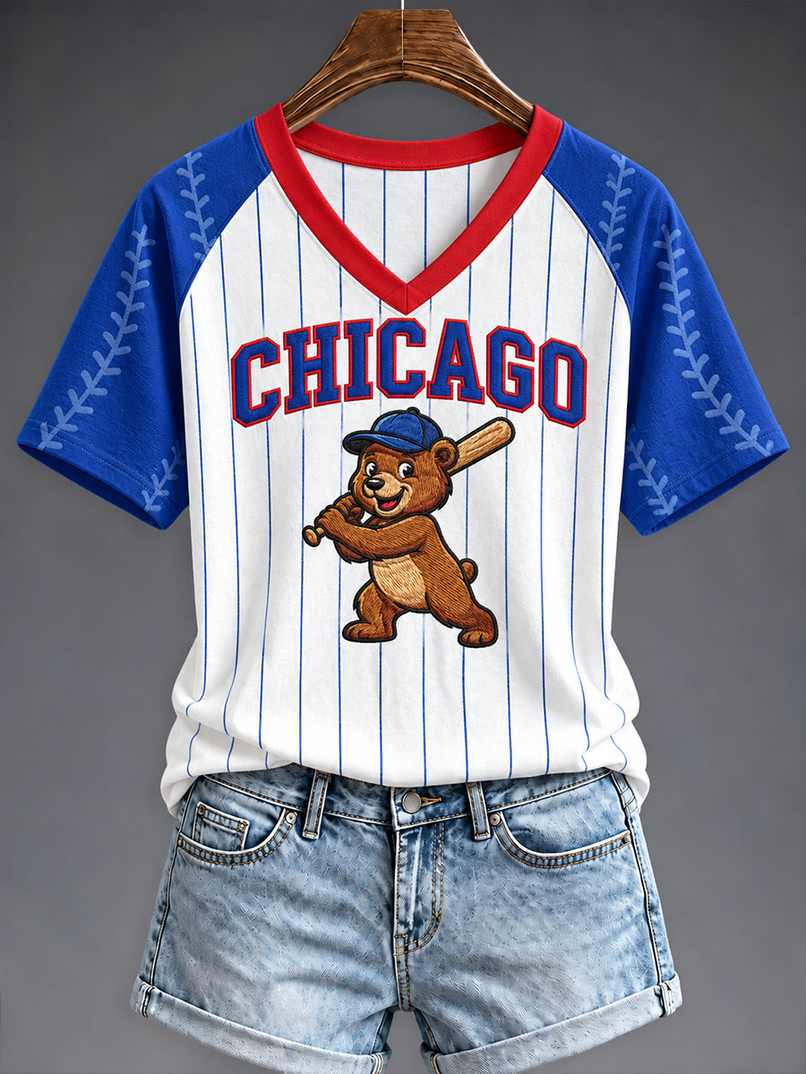 Women's Chicago Baseball Fan Print V-neck T-shirt