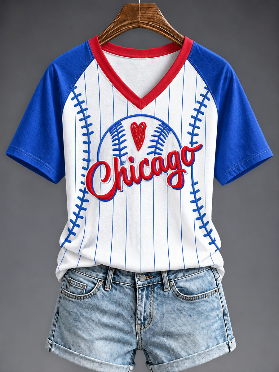 Women's Chicago Baseball Fan Print V-neck T-shirt