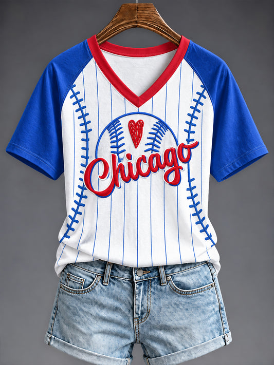 Women's Chicago Baseball Fan Print V-neck T-shirt
