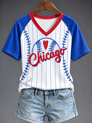 Women's Chicago Baseball Fan Print V-neck T-shirt