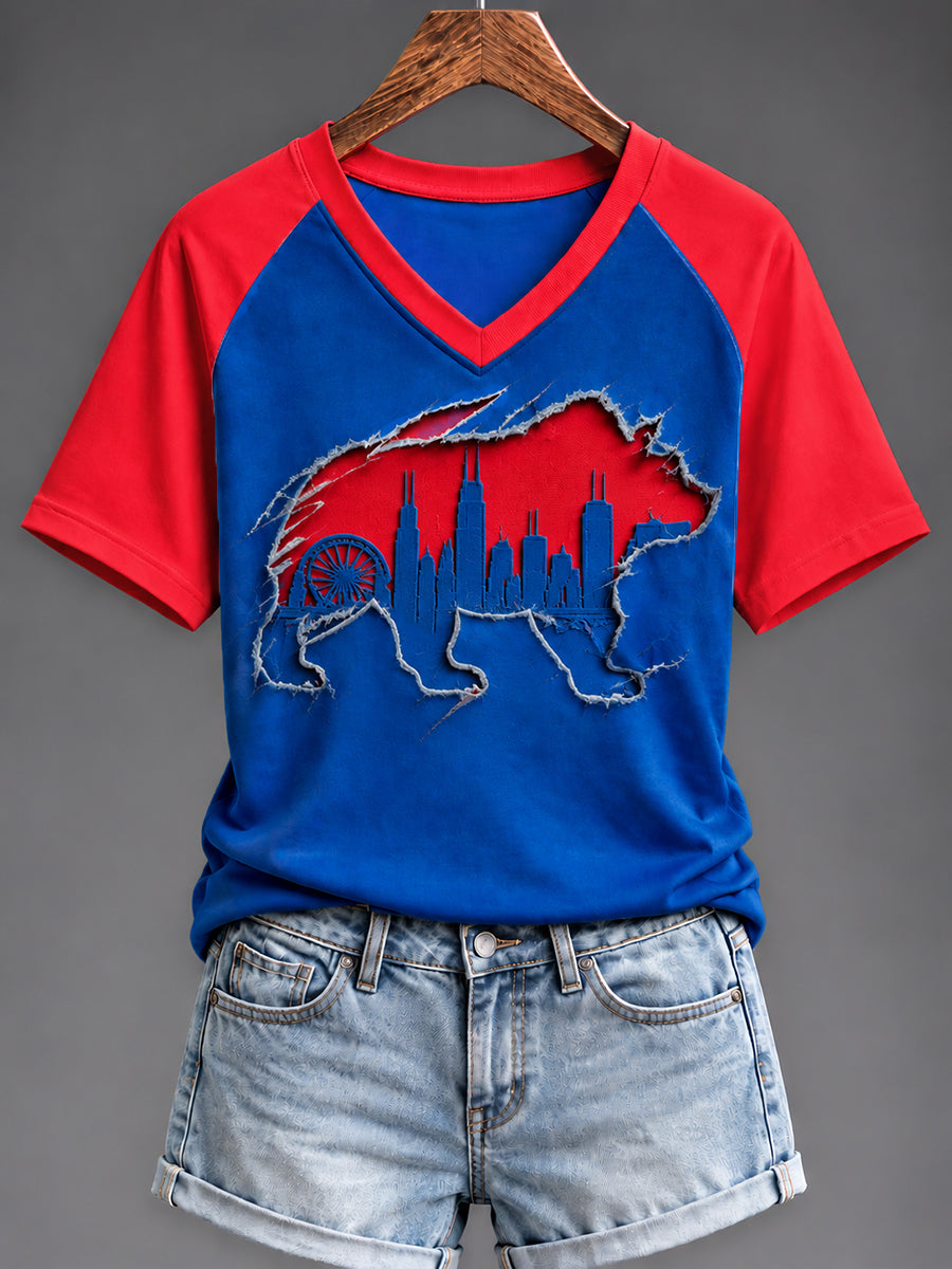 Women's Chicago Baseball Fan Print V-neck T-shirt