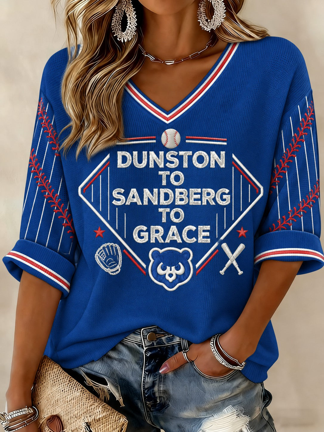 Women's Chicago Baseball Printed Mid-length Sleeves V-neck T-shirt