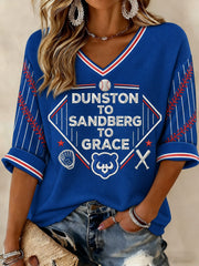 Women's Chicago Baseball Printed Mid-length Sleeves V-neck T-shirt