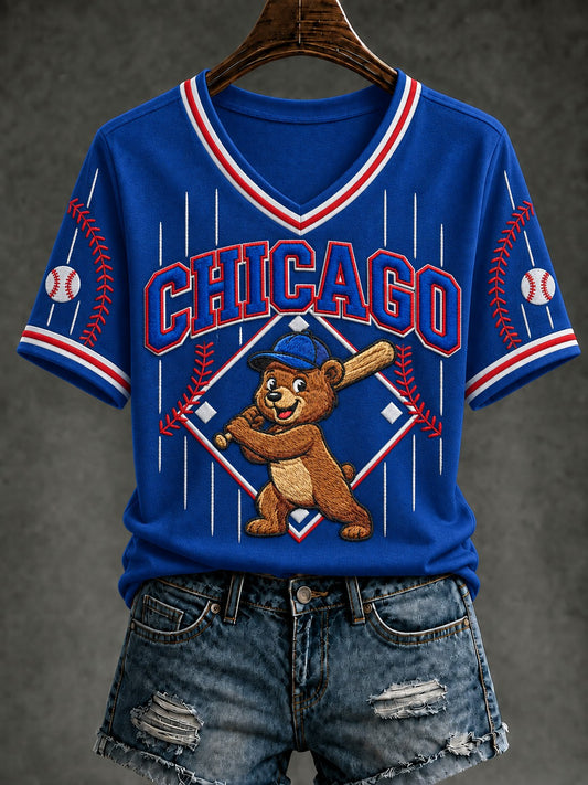 Women's Chicago Baseball Printed V-neck T-Shirt