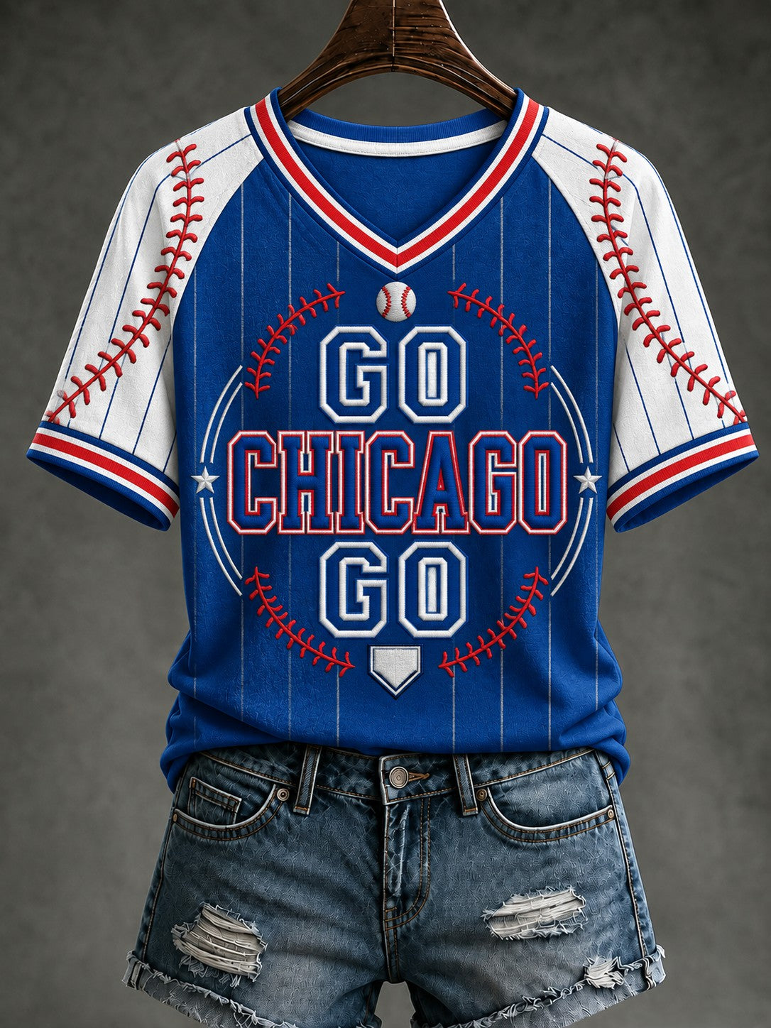 Women's Chicago Baseball Printed V-neck T-Shirt