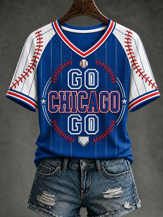 Women's Chicago Baseball Printed V-neck T-Shirt