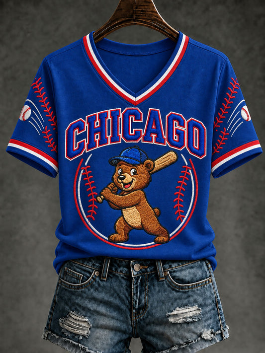 Women's Chicago Baseball Printed V-neck T-Shirt