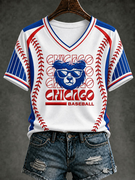 Women's Chicago Baseball Printed V-neck T-Shirt