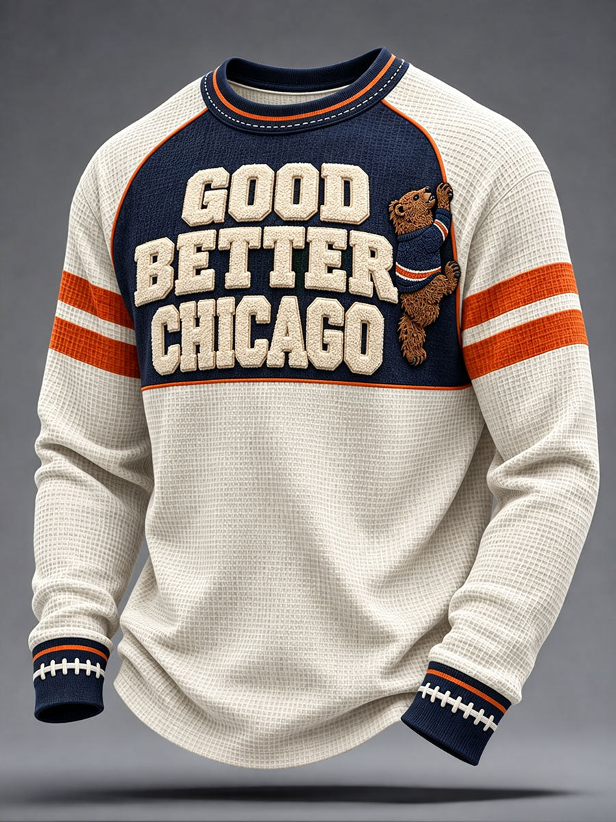 Men's Chicago Football Lover Bear Art Printed Waffle Sweatshirt