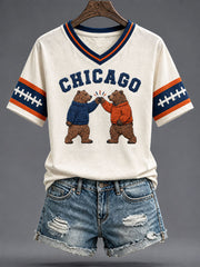 Women's Chicago Football Lover Bear Art Printed T-shirt