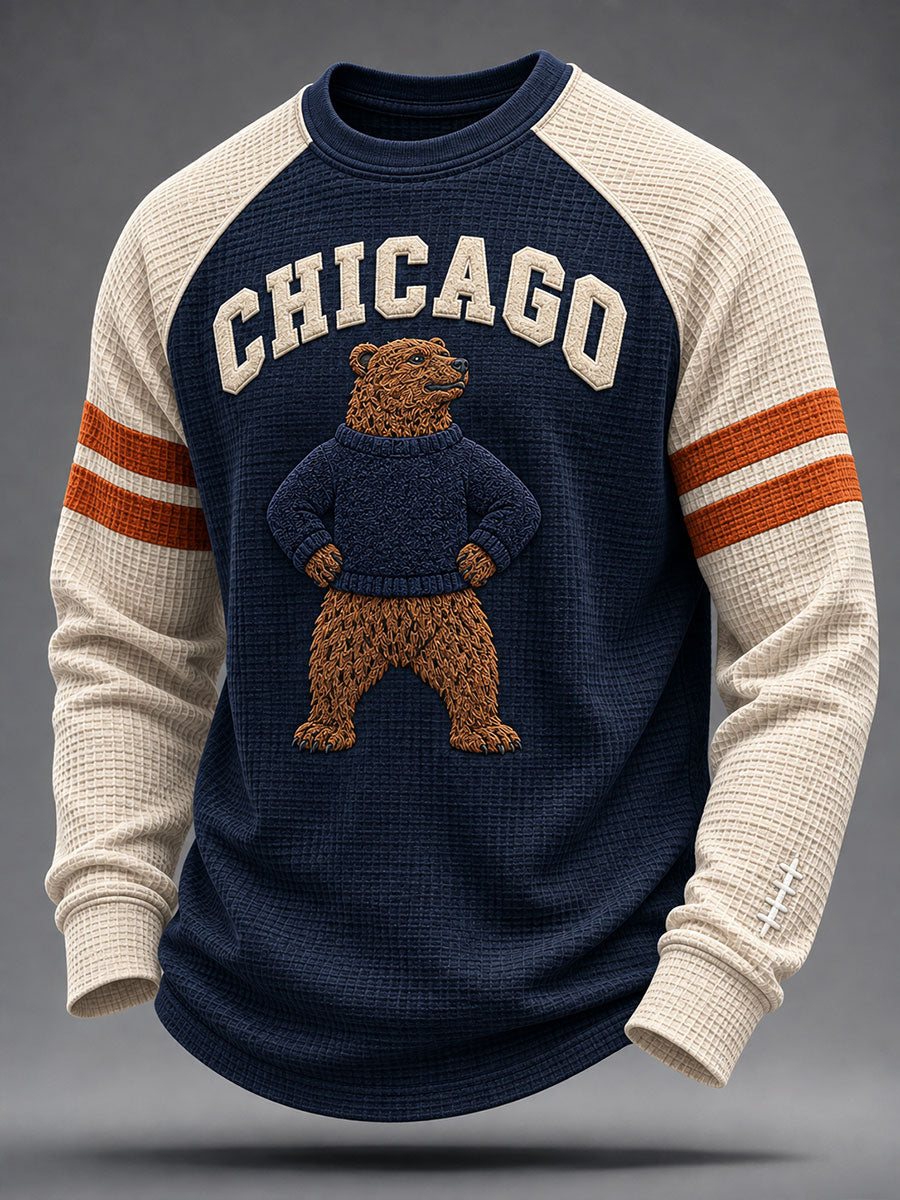 Men's Chicago Football Lover Bear Art Printed Waffle Sweatshirt