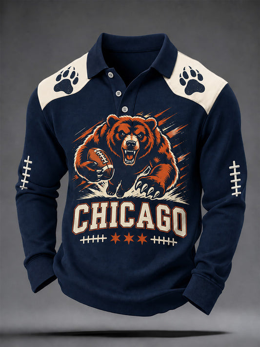 Men's Football Gameday Gift For Football Fans Print Casual Long Sleeve Polo