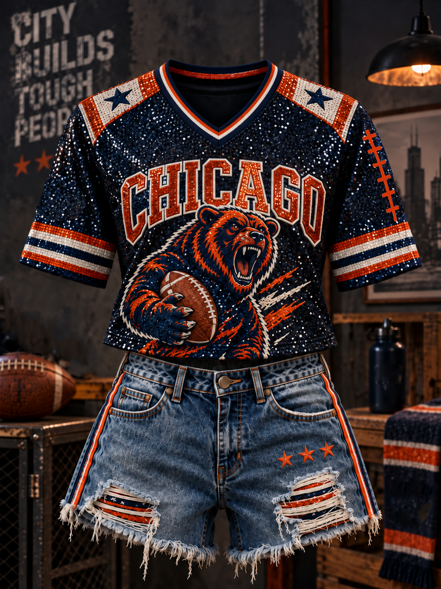 Women's Chicago Football Lover Bear Art Printed short-sleeved T-shirt