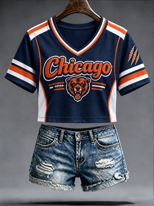 Women's Chicago Football Lover Bear Art Printed short-sleeved T-shirt