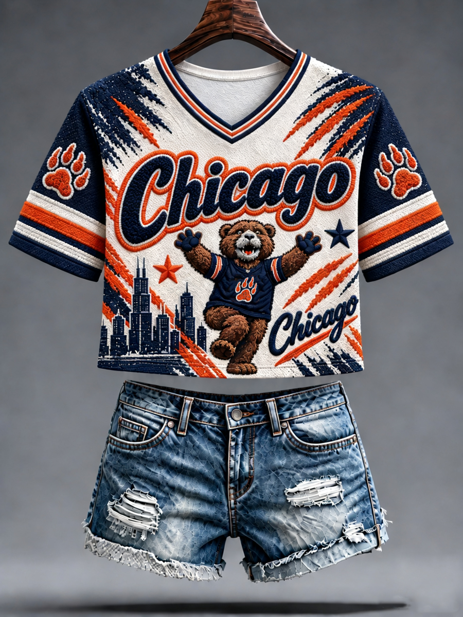 Women's Chicago Football Lover Bear Art Printed short-sleeved T-shirt