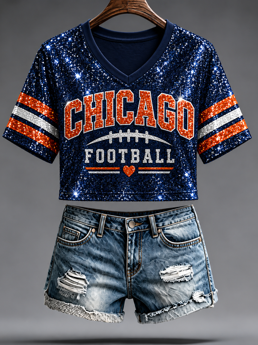 Women's Chicago Football Lover Bear Art Printed short-sleeved T-shirt