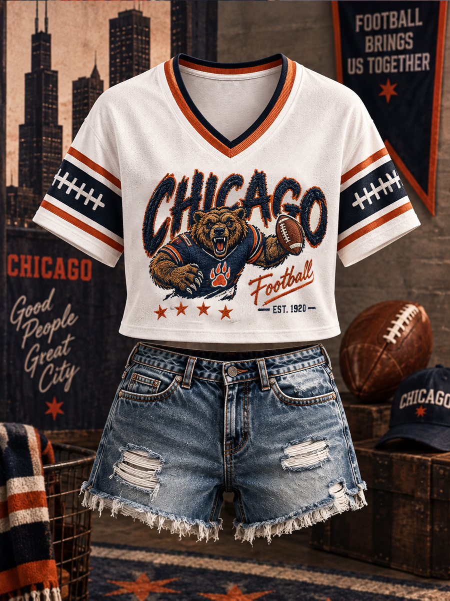 Women's Chicago Football Lover Bear Art Printed short-sleeved T-shirt