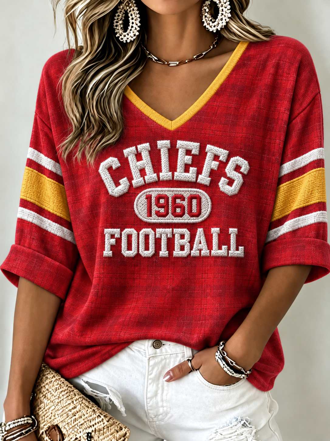 Women's Mid-length Sleeves V-Neck T-Shirt
