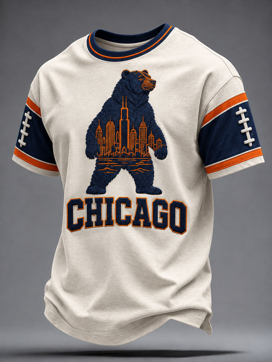 Men's Chicago Football Lover Bear Art Printed T-shirt