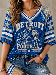 Women's Football Fan Lions Printed Mid-length Sleeves V-Neck T-Shirt