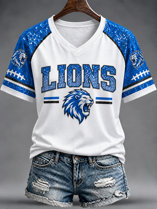 Women's Football Fan Lions Printed V-neck off-shoulder short-sleeved T-shirt
