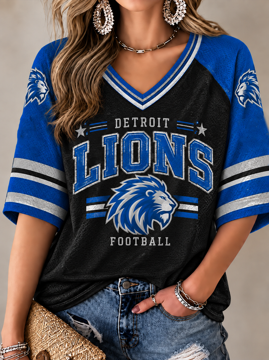 Women's Football Fan Lions Printed Mid-length Sleeves V-Neck T-Shirt