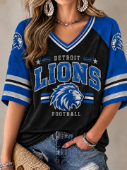 Women's Football Fan Lions Printed Mid-length Sleeves V-Neck T-Shirt